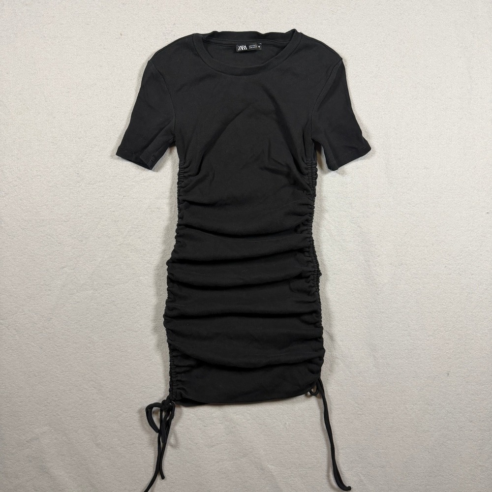 Zara Womens Ruched Side Ribbed Mini Dress Size S Black Short Sleeve Bodycon